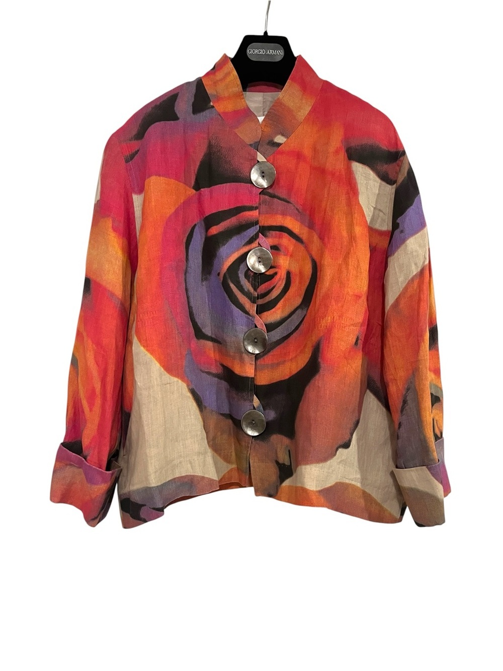 Caroline Rose Linen Watercolor Vibrant Floral Button Jacket Top Sz XL Vintage